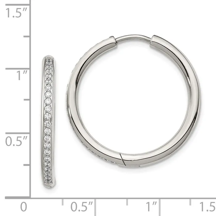 TreasureFineJewelers Earrings Stainless Steel Polished with CZ 25mm Hinged Hoop Earrings