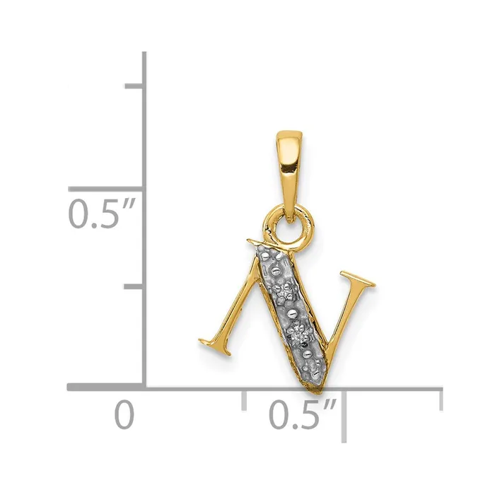 TreasureFineJewelers Necklaces 14k Yellow Gold Rhodium with Rhodium Diamond Letter N Initial Pendant