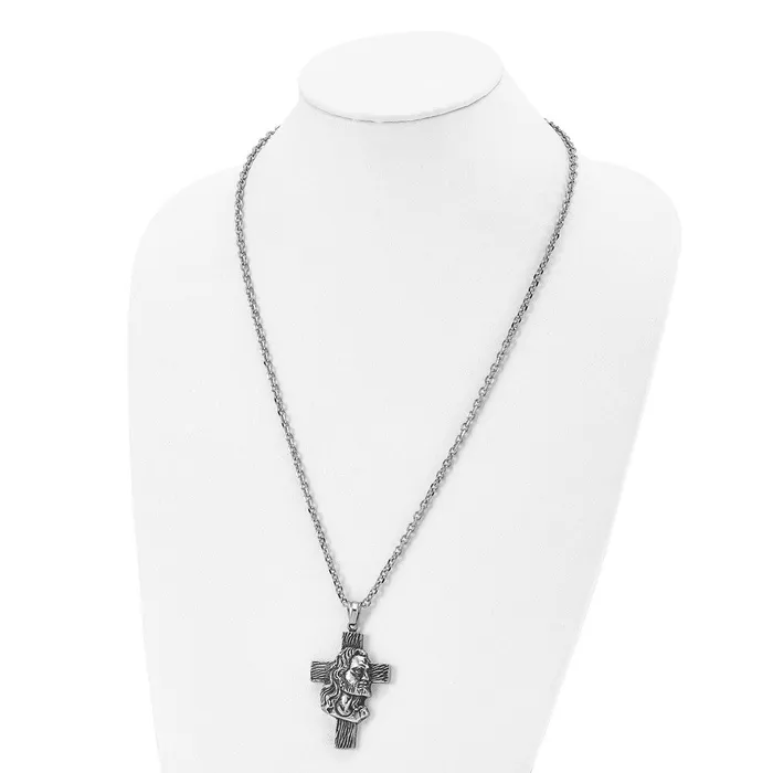 TreasureFineJewelers Necklaces Chisel Stainless Steel Antiqued and Polished Jesus Cross Pendant on a 24 inch Cable Chain Necklace
