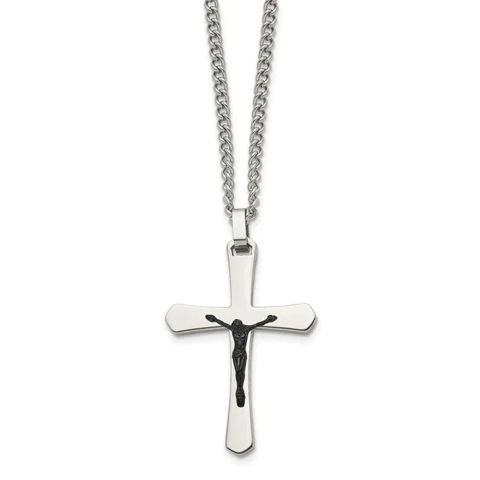 TreasureFineJewelers Necklaces Chisel Stainless Steel Polished Black IPplated Crucifix Pendant on a 24 inch Curb Chain Necklace