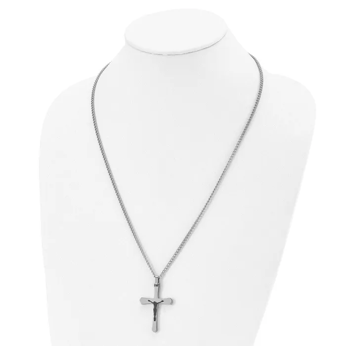 TreasureFineJewelers Necklaces Chisel Stainless Steel Polished Black IPplated Crucifix Pendant on a 24 inch Curb Chain Necklace