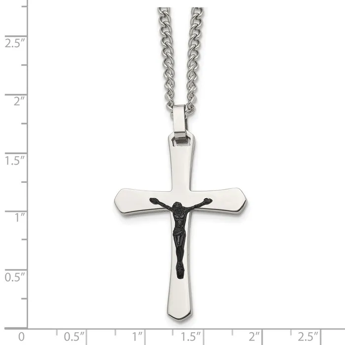 TreasureFineJewelers Necklaces Chisel Stainless Steel Polished Black IPplated Crucifix Pendant on a 24 inch Curb Chain Necklace