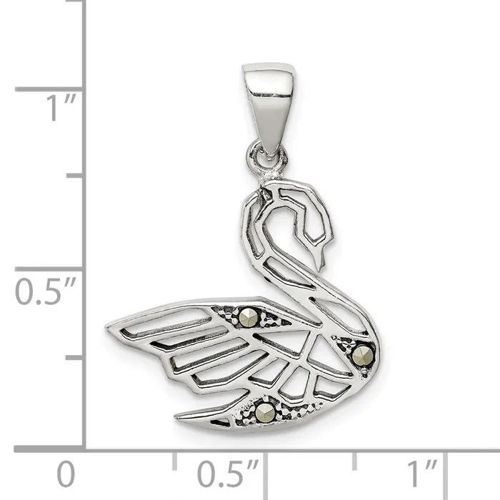 TreasureFineJewelers Necklaces Sterling Silver Antiqued Marcasite Swan Pendant