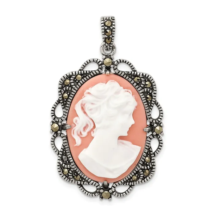 TreasureFineJewelers Necklaces Sterling Silver Marcasite Plastic Pink Cameo Pendant