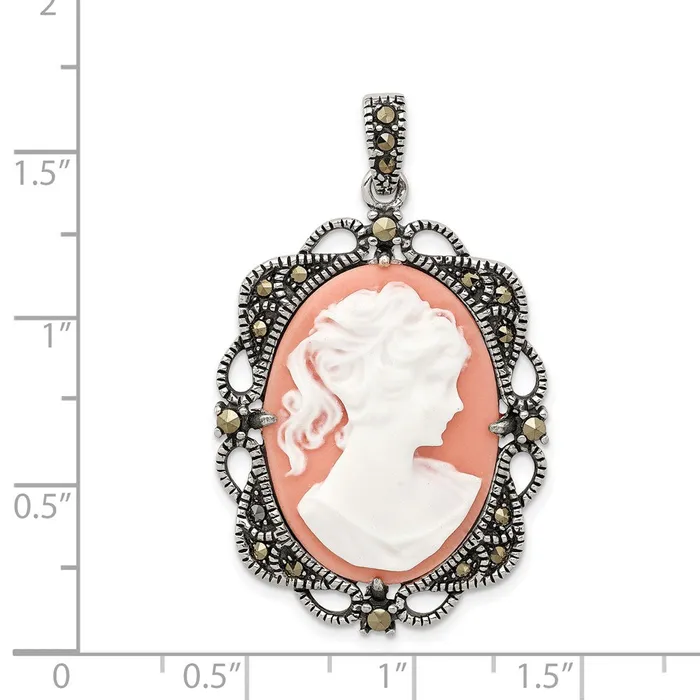 TreasureFineJewelers Necklaces Sterling Silver Marcasite Plastic Pink Cameo Pendant