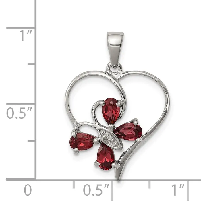 TreasureFineJewelers Necklaces Sterling Silver Rhodium Garnet Diamond Butterfly Heart Pendant