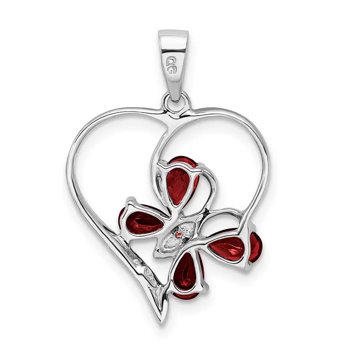 TreasureFineJewelers Necklaces Sterling Silver Rhodium Garnet Diamond Butterfly Heart Pendant