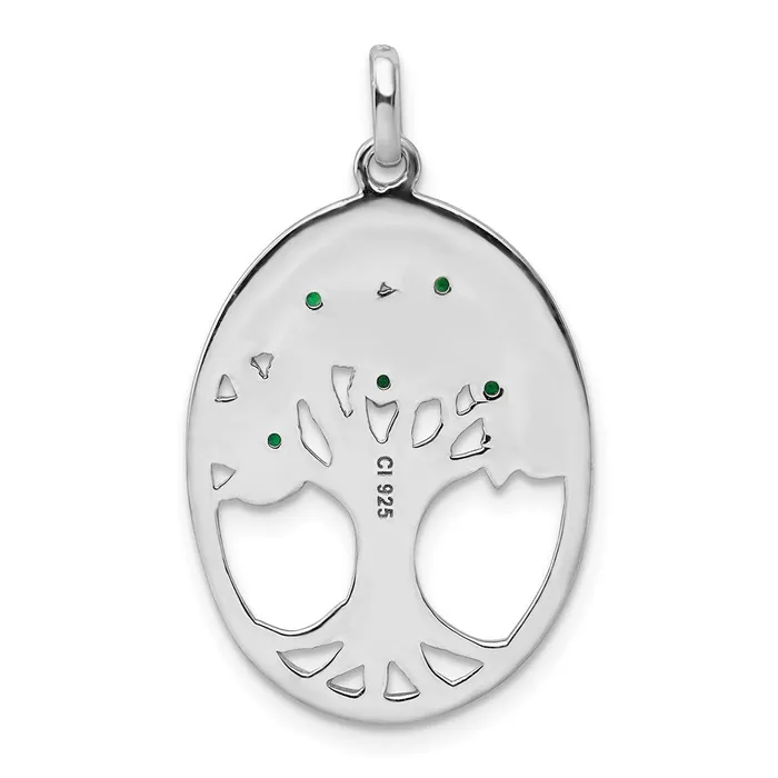 TreasureFineJewelers Necklaces Sterling Silver Rhodiumplated Green Glass Buds Oval Tree Pendant