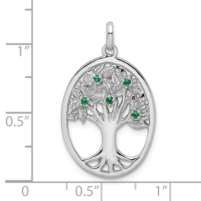 TreasureFineJewelers Necklaces Sterling Silver Rhodiumplated Green Glass Buds Oval Tree Pendant