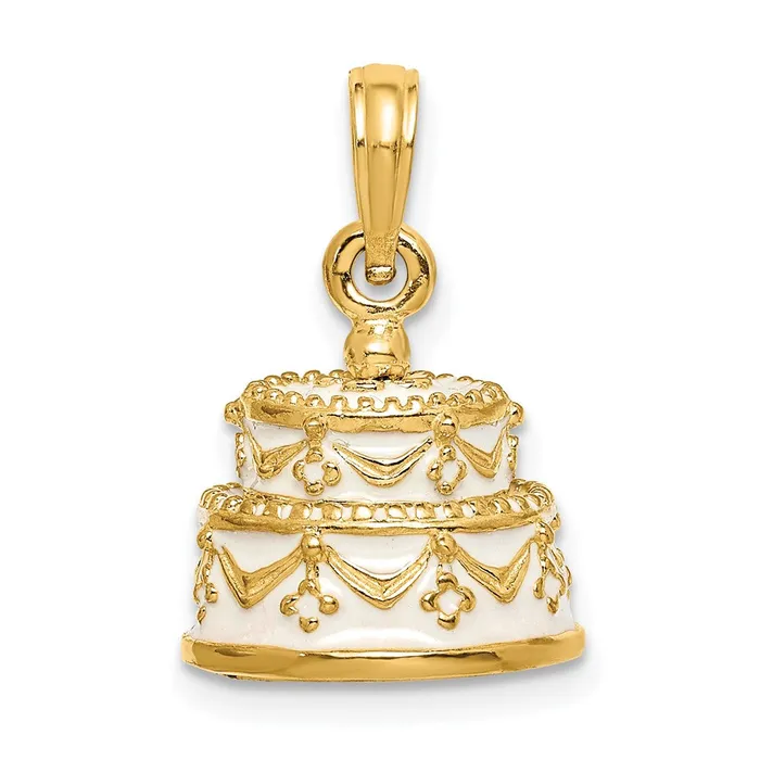 TreasureFineJewelers PreStyled Sets 14k Yellow Gold Polished Enameled JUST MARRIED 3D Wedding Cake Pendant