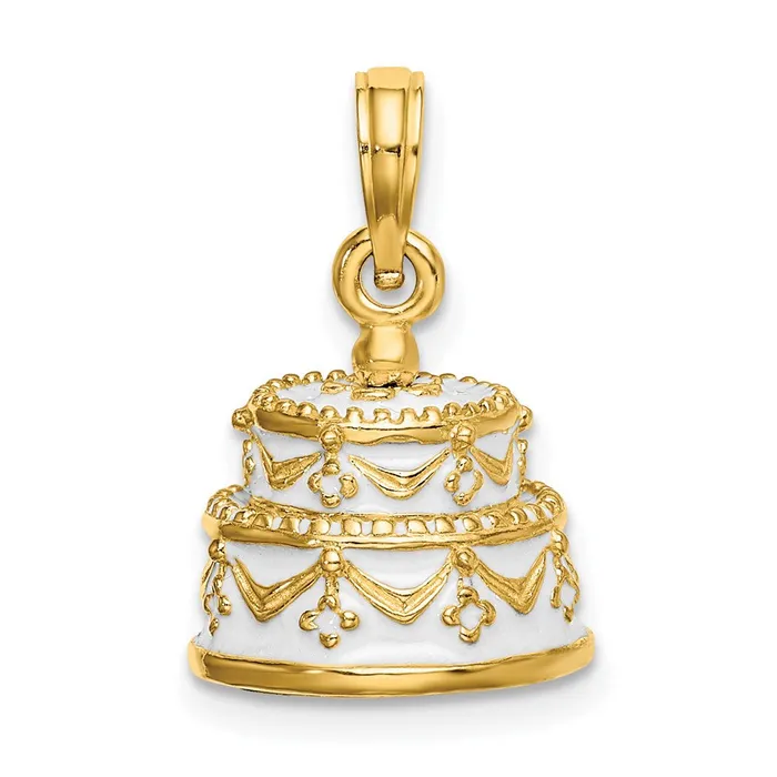 TreasureFineJewelers PreStyled Sets 14k Yellow Gold Polished Enameled JUST MARRIED 3D Wedding Cake Pendant