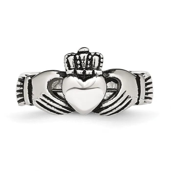 TreasureFineJewelers Stainless Steel Antiqued Love Loyalty Friendship Claddagh Hinged Ring Rings