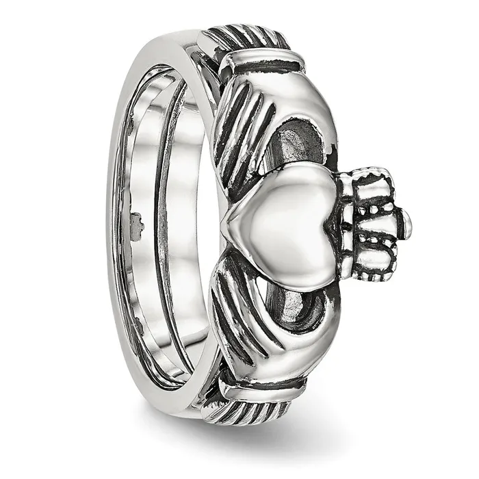 TreasureFineJewelers Stainless Steel Antiqued Love Loyalty Friendship Claddagh Hinged Ring Rings