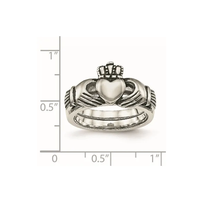 TreasureFineJewelers Stainless Steel Antiqued Love Loyalty Friendship Claddagh Hinged Ring Rings