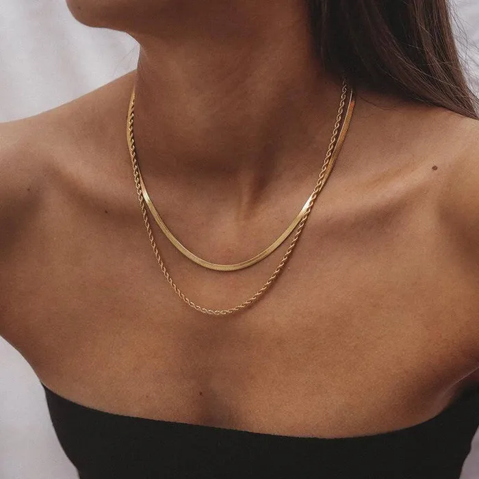 Trendolla Jewelry 18K Gold Plated Double Layer Twists Snake Bone Chain Necklace Necklaces