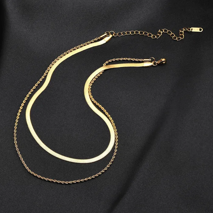 Trendolla Jewelry 18K Gold Plated Double Layer Twists Snake Bone Chain Necklace Necklaces