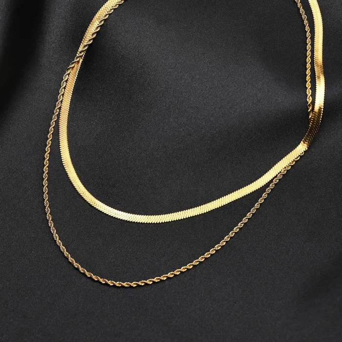 Trendolla Jewelry 18K Gold Plated Double Layer Twists Snake Bone Chain Necklace Necklaces