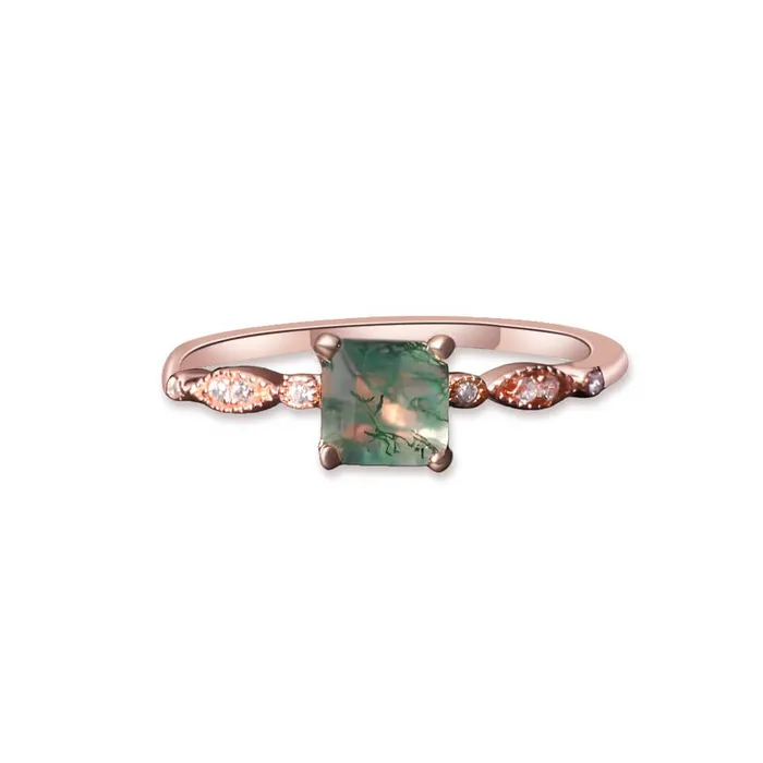 Trendolla Jewelry Rings 925 Silver Square Aquatic Agate CZ Diamond Ring