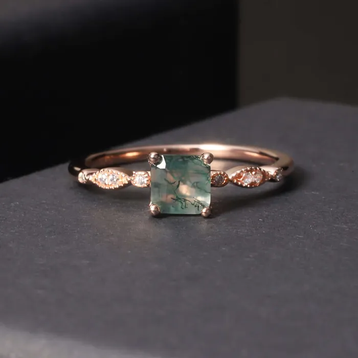 Trendolla Jewelry Rings 925 Silver Square Aquatic Agate CZ Diamond Ring