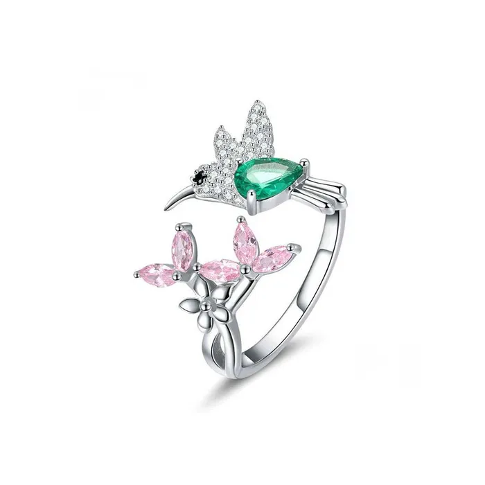 Trendolla Jewelry Rings Sterling Silver Simulated Emerald Hummingbird Pink FlowerToi et Moi Ring Trendolla Jewelry Rings Sterling Silver Simulated Emerald Hummingbird Pink FlowerToi et Moi Ring