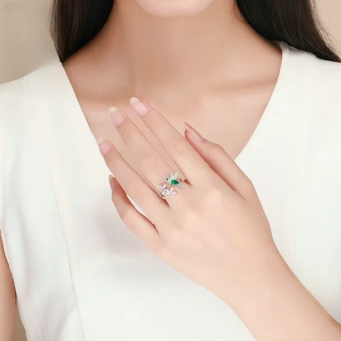 Trendolla Jewelry Rings Sterling Silver Simulated Emerald Hummingbird Pink FlowerToi et Moi Ring