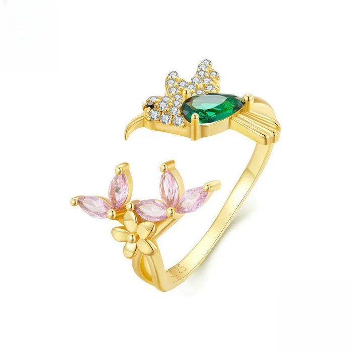Trendolla Jewelry Rings Sterling Silver Simulated Emerald Hummingbird Pink FlowerToi et Moi Ring