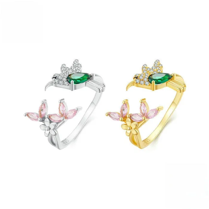 Trendolla Jewelry Rings Sterling Silver Simulated Emerald Hummingbird Pink FlowerToi et Moi Ring