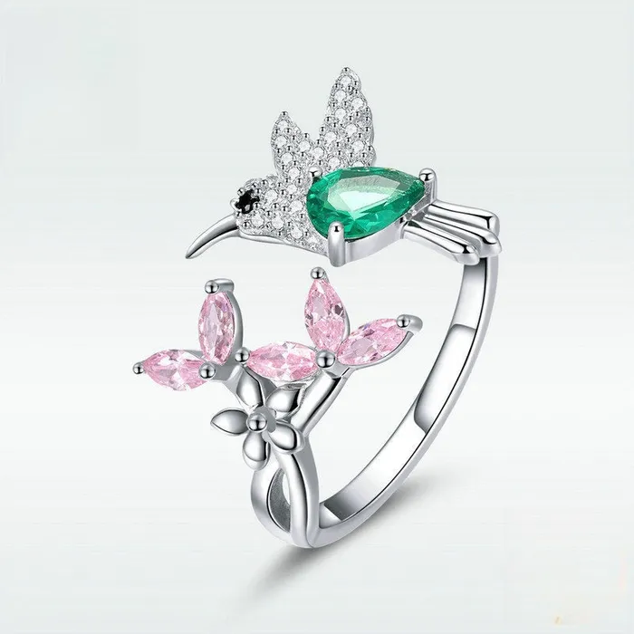 Trendolla Jewelry Rings Sterling Silver Simulated Emerald Hummingbird Pink FlowerToi et Moi Ring
