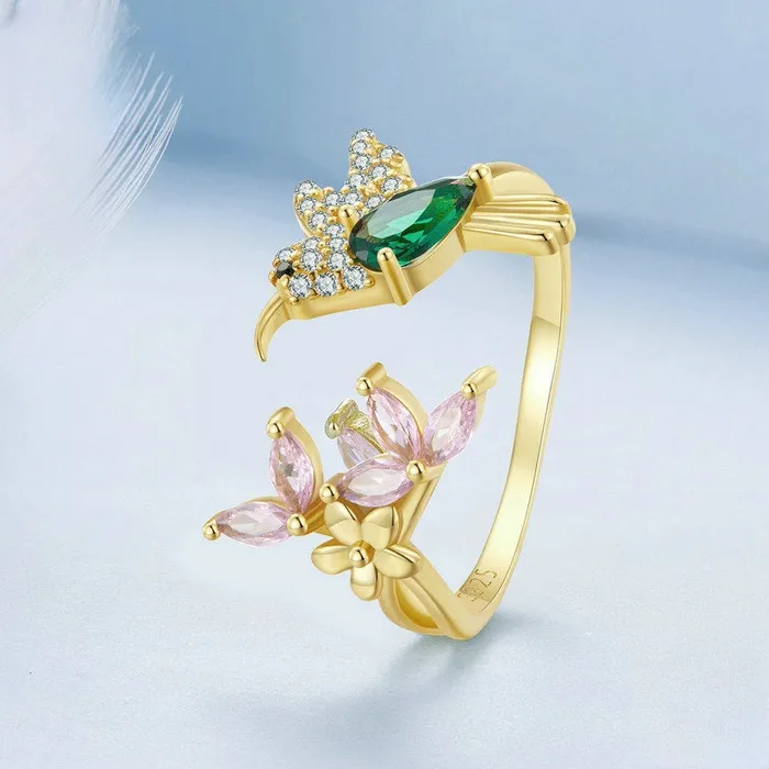 Trendolla Jewelry Rings Sterling Silver Simulated Emerald Hummingbird Pink FlowerToi et Moi Ring