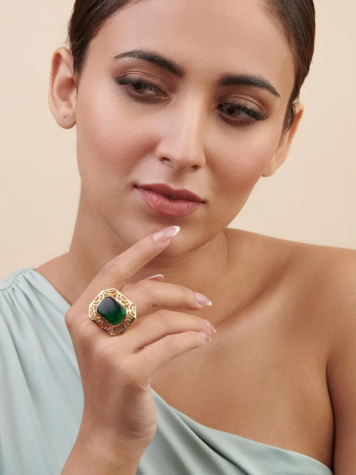 Aina Deep Green and Gold Square Ring Curio Cottage Rings