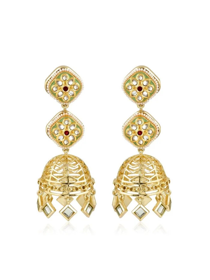 Curio Cottage Earrings Aina Mint Green Floral Stud Mirror Long Jhumki Earrings Curio Cottage Earrings Aina Mint Green Floral Stud Mirror Long Jhumki Earrings