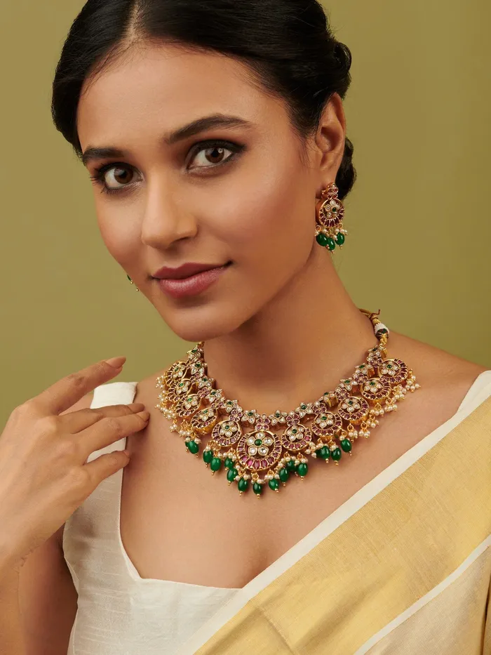 Curio Cottage Necklaces 22K Gold Plated Flora Red And Green Studded Necklace Set Curio Cottage Necklaces 22K Gold Plated Flora Red And Green Studded Necklace Set