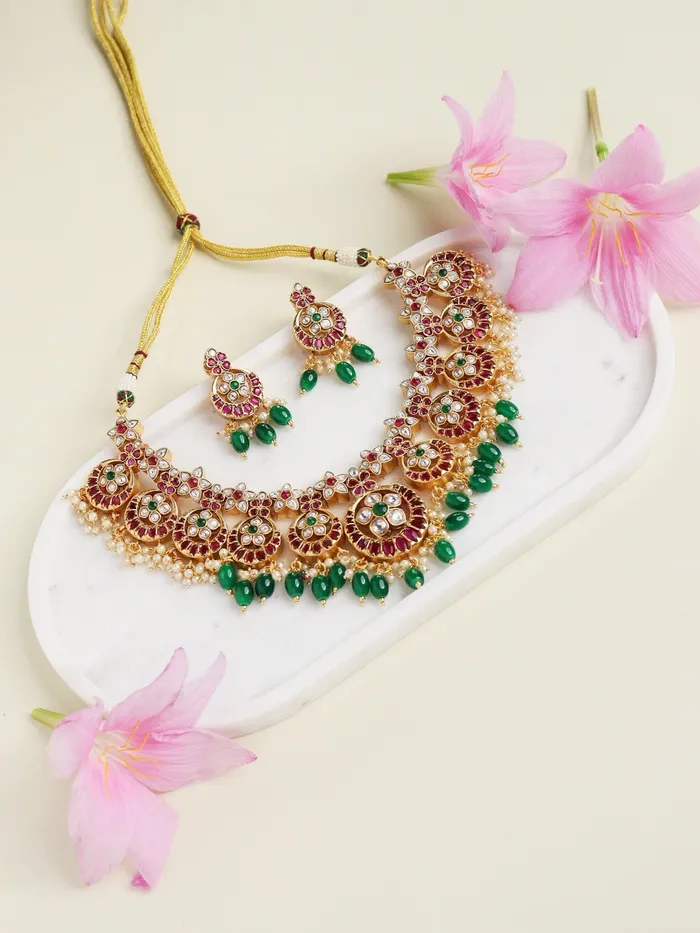 Curio Cottage Necklaces 22K Gold Plated Flora Red And Green Studded Necklace Set