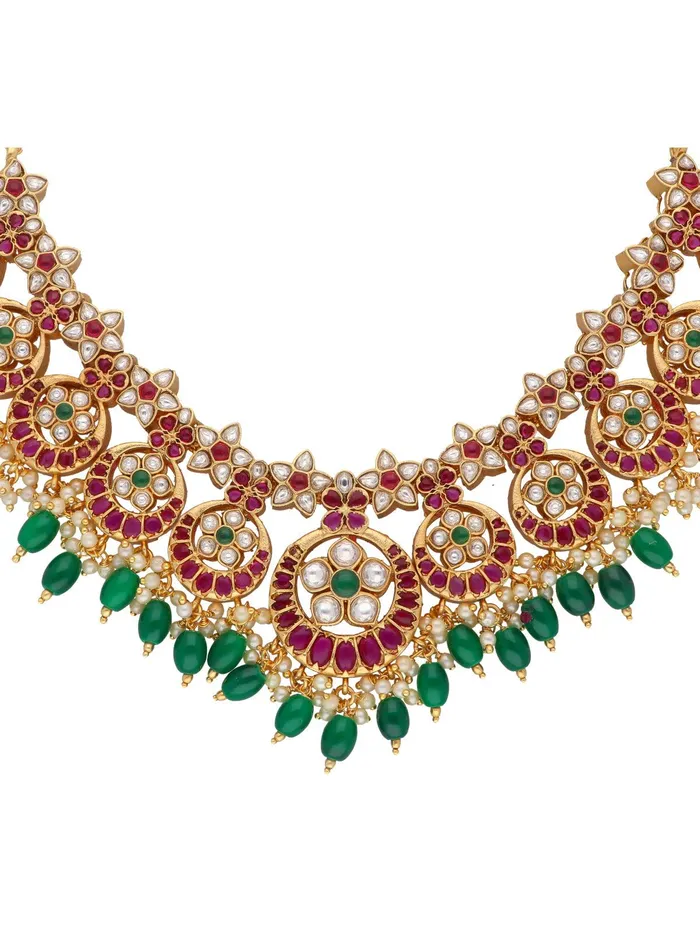 Curio Cottage Necklaces 22K Gold Plated Flora Red And Green Studded Necklace Set