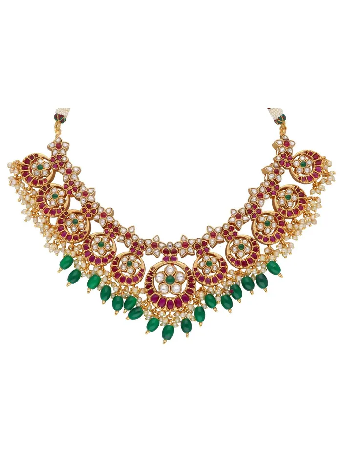 Curio Cottage Necklaces 22K Gold Plated Flora Red And Green Studded Necklace Set