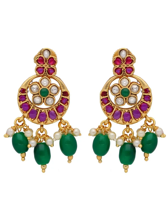 Curio Cottage Necklaces 22K Gold Plated Flora Red And Green Studded Necklace Set
