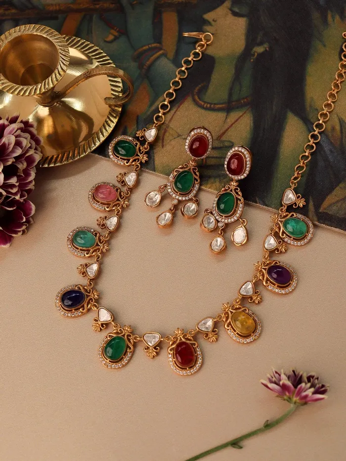 Meira Drops of Navratna Necklace Set Curio Cottage Necklaces Meira Drops of Navratna Necklace Set Curio Cottage Necklaces