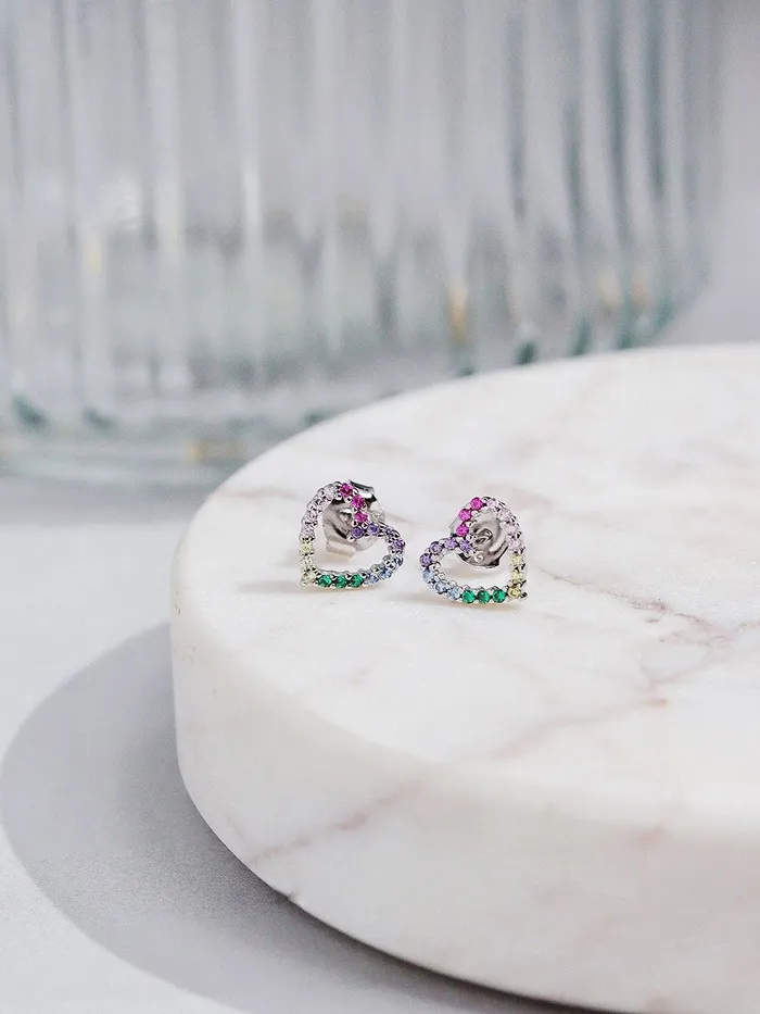 Silver Rainbow Heart Stud Earrings Curio Cottage Earrings