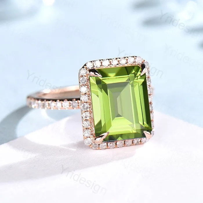 8X10mm Emerald Cut Peridot Ring Rose Gold 4CT Peridot Engagement Ring Vintage Halo Diamond Green Stone Wedding Ring Women Anniversary Ring PENFINE Rings 8X10mm Emerald Cut Peridot Ring Rose Gold 4CT Peridot Engagement Ring Vintage Halo Diamond Green Stone Wedding Ring Women Anniversary Ring PENFINE Rings