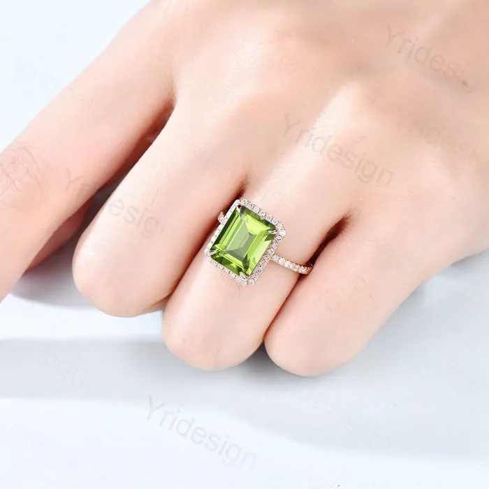 8X10mm Emerald Cut Peridot Ring Rose Gold 4CT Peridot Engagement Ring Vintage Halo Diamond Green Stone Wedding Ring Women Anniversary Ring PENFINE Rings 8X10mm Emerald Cut Peridot Ring Rose Gold 4CT Peridot Engagement Ring Vintage Halo Diamond Green Stone Wedding Ring Women Anniversary Ring PENFINE Rings