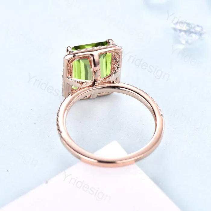 8X10mm Emerald Cut Peridot Ring Rose Gold 4CT Peridot Engagement Ring Vintage Halo Diamond Green Stone Wedding Ring Women Anniversary Ring PENFINE Rings 8X10mm Emerald Cut Peridot Ring Rose Gold 4CT Peridot Engagement Ring Vintage Halo Diamond Green Stone Wedding Ring Women Anniversary Ring PENFINE Rings