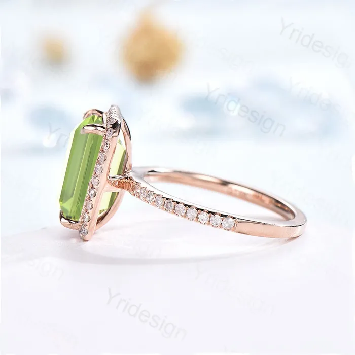 8X10mm Emerald Cut Peridot Ring Rose Gold 4CT Peridot Engagement Ring Vintage Halo Diamond Green Stone Wedding Ring Women Anniversary Ring PENFINE Rings 8X10mm Emerald Cut Peridot Ring Rose Gold 4CT Peridot Engagement Ring Vintage Halo Diamond Green Stone Wedding Ring Women Anniversary Ring PENFINE Rings