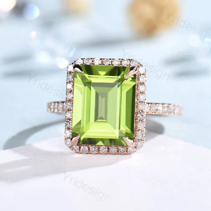 8X10mm Emerald Cut Peridot Ring Rose Gold 4CT Peridot Engagement Ring Vintage Halo Diamond Green Stone Wedding Ring Women Anniversary Ring PENFINE Rings 8X10mm Emerald Cut Peridot Ring Rose Gold 4CT Peridot Engagement Ring Vintage Halo Diamond Green Stone Wedding Ring Women Anniversary Ring PENFINE Rings