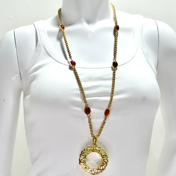 Chanel 1995 Gold Tone Gripoix Glass Pendant Necklace Vintage by Misty Necklaces