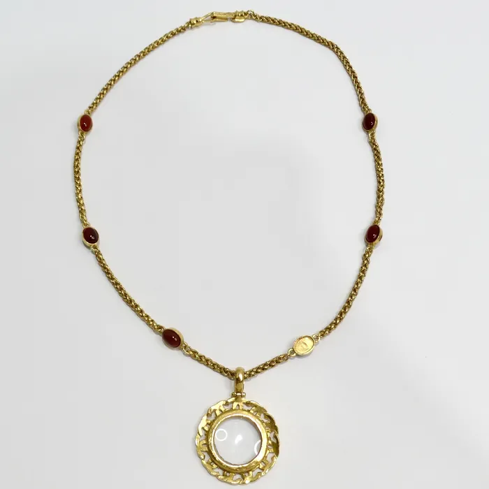 Chanel 1995 Gold Tone Gripoix Glass Pendant Necklace Vintage by Misty Necklaces