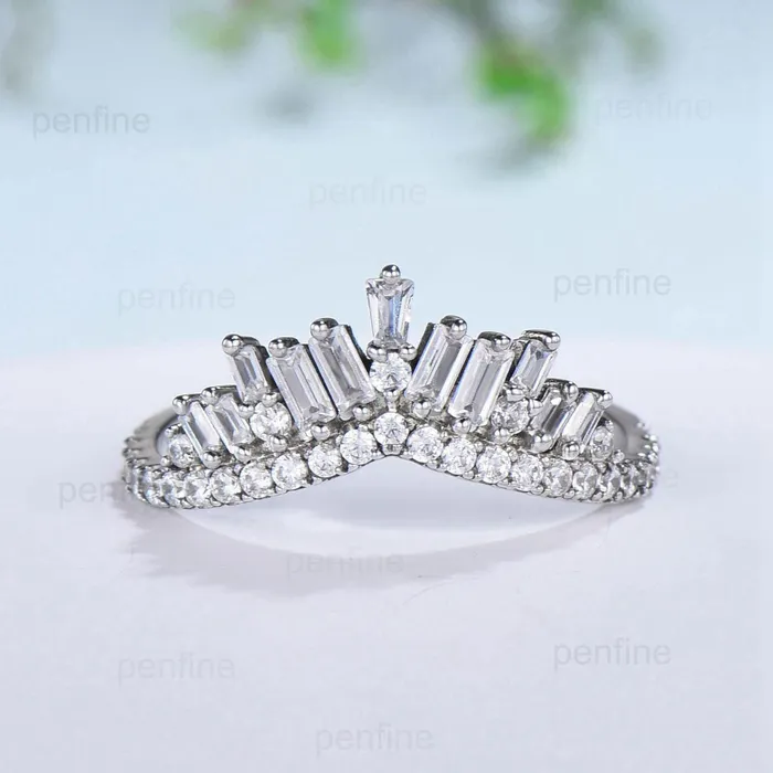 Crown fancy baguette cut moissanite wedding band white gold platinum curved stacking moissanite promise ring anniversary band women gift PENFINE Rings Crown fancy baguette cut moissanite wedding band white gold platinum curved stacking moissanite promise ring anniversary band women gift PENFINE Rings