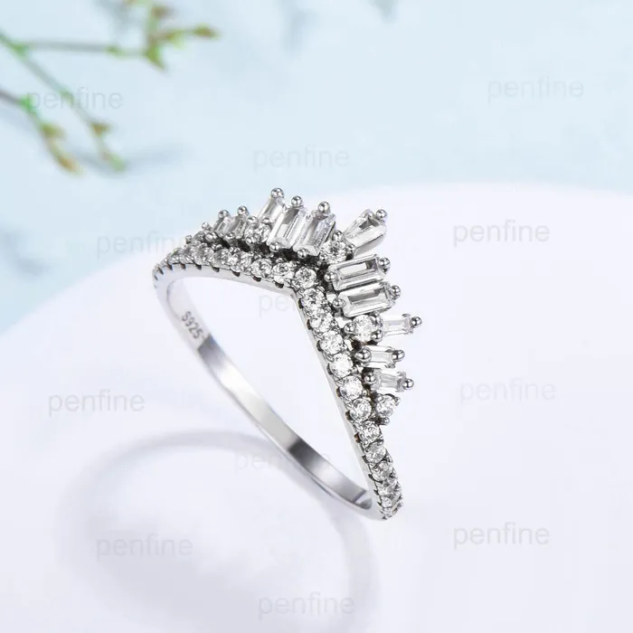 Crown fancy baguette cut moissanite wedding band white gold platinum curved stacking moissanite promise ring anniversary band women gift PENFINE Rings Crown fancy baguette cut moissanite wedding band white gold platinum curved stacking moissanite promise ring anniversary band women gift PENFINE Rings