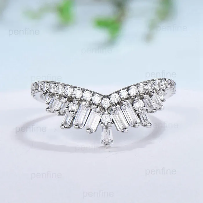 Crown fancy baguette cut moissanite wedding band white gold platinum curved stacking moissanite promise ring anniversary band women gift PENFINE Rings Crown fancy baguette cut moissanite wedding band white gold platinum curved stacking moissanite promise ring anniversary band women gift PENFINE Rings