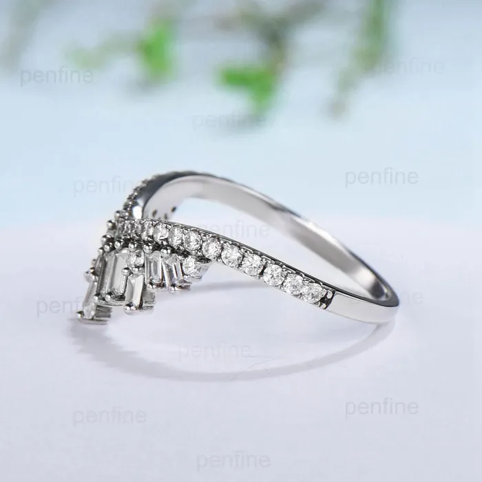 Crown fancy baguette cut moissanite wedding band white gold platinum curved stacking moissanite promise ring anniversary band women gift PENFINE Rings Crown fancy baguette cut moissanite wedding band white gold platinum curved stacking moissanite promise ring anniversary band women gift PENFINE Rings