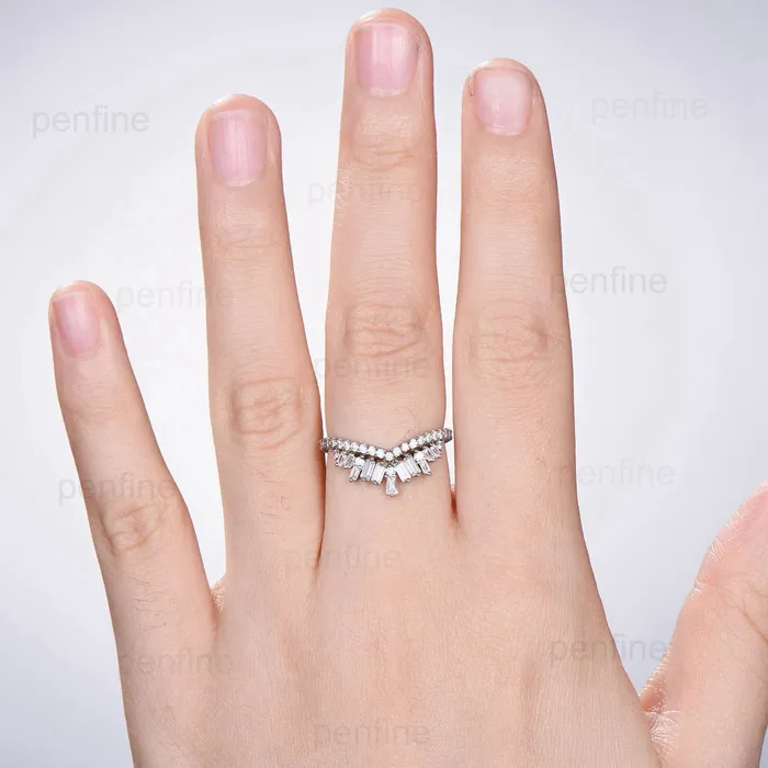 Crown fancy baguette cut moissanite wedding band white gold platinum curved stacking moissanite promise ring anniversary band women gift PENFINE Rings Crown fancy baguette cut moissanite wedding band white gold platinum curved stacking moissanite promise ring anniversary band women gift PENFINE Rings